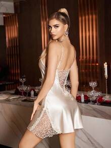 SHEIN Heavily Embroidered Patchwork Backless, Satin Spaghetti Strap Slip Dress With Side Slits, Sexy Lingerie Slip Dress Satin Night Gown Spaghetti Strap Nightgown Lace Night Gown - White - View 6