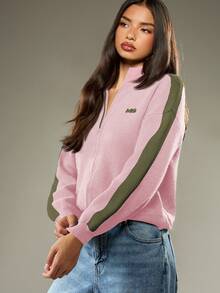 MISSGUIDED 秋冬女款撞色条纹刺绣徽标针织拉链开衫 - 粉色 - 查看 4