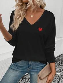 EMERY ROSE Women's New Arrival Heart Pattern V-Neck Long Sleeve Casual Versatile T-Shirt, Autumn/Winter - Black - View 3