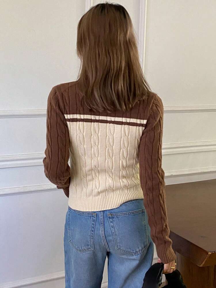 Women's Casual Contrast Color Long Sleeve Zip-Up Cardigan, College Style, Autumn