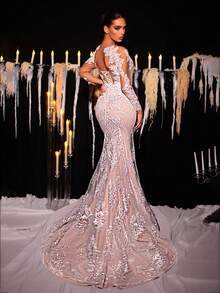 Glamrae Elegant Luxurious Romantic Beaded Mesh Embroidered Sheer Long Sleeve Handmade Applique V-Neck Fishtail Extra Long Train Wedding Bridal Gown
