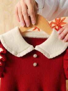 SHEIN 年轻女孩宽松休闲简约舒适彼得潘领拼色蝴蝶结装饰毛衣裙女秋冬装