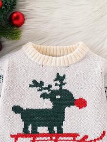 SHEIN Vintaside Kids Baby Boys' Christmas Reindeer Animal Print Pullover Sweater, Autumn/Winter - Apricot - View 3