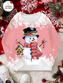 Young Girl Cute & Sweet Christmas Snowman & Gingerbread Man Snowflake Print Round Neck Sweatshirt, Suitable For Autumn/Winter And Christmas Wear - Multicolor - View 3