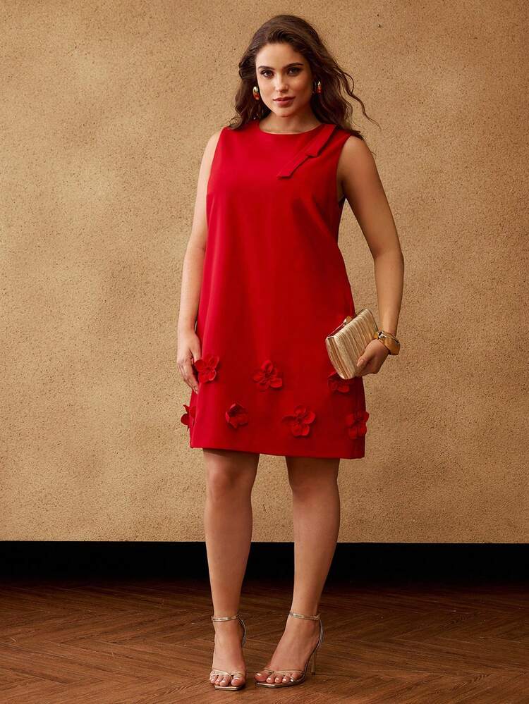 VESTIDO MINI DE LÍNEA A CON DECORACIÓN DE LAZO Y FLORES 3D, PARA CITAS Y FIESTAS, TALLA GRANDE