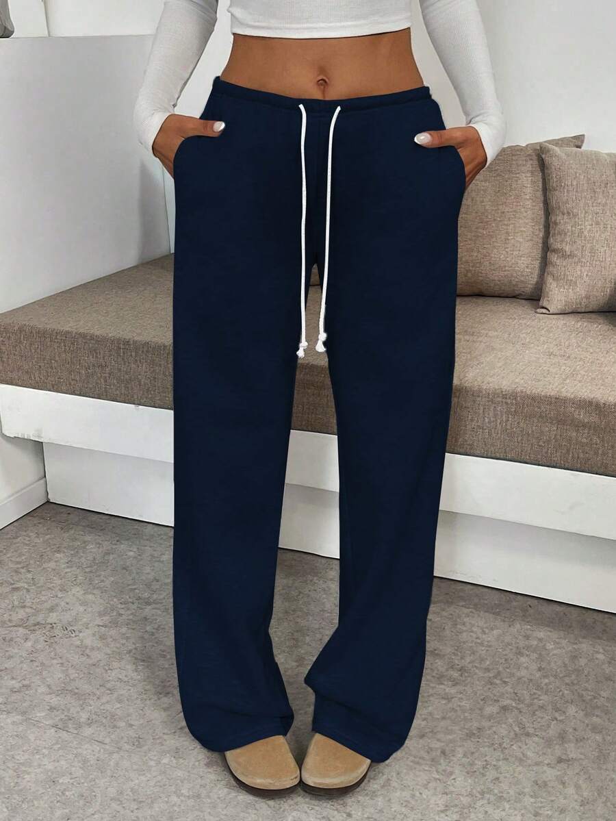Flirla Tall 女款高腰寬腿運動休閒褲,海軍藍秋季健身抽繩彈性腰寬鬆舒適長褲,修飾身形,適合高個女性 - 藏蓝色 - 查看 1