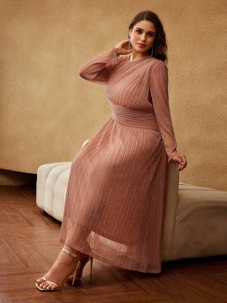 VESTIDO DE MANGA LARGA CON CUELLO REDONDO DE MALLA METÁLICA PLISADA PARA FIESTA/CITA DE TALLA GRANDE EN OTOÑO/INVIERNO