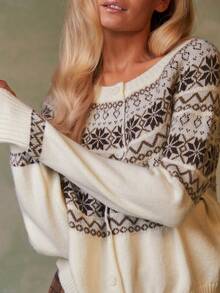 Athîral 女士时尚休闲图案纽扣毛衣，费尔岛图案，秋冬圣诞季，节日女装，旅行女装，滑雪毛衣，休闲家居毛衣，可爱毛衣，新年女装，长袖开衫 - 彩色 - 查看 2