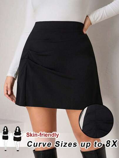 SHEIN CURVE+ 黑色弹力针织褶皱 A 字加大码半身裙，优雅百搭，适合日常穿着