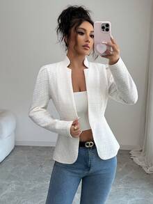 SHEIN Elenzya 女式白色条纹格子纹理针织面料立领长袖优雅套头衫，适合感恩节、万圣节、街头风格、秋冬 - 白色 - 查看 4