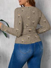 EMERY ROSE Thanksgiving strukturiertes Gänseblümchen Muster lässiges weites Rundhals T-Shirt, Große Größen - Verschiedenfarbig - Übersicht 2