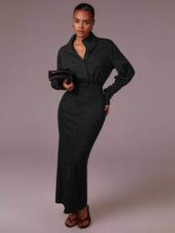 Athîral Kadın Düz Renk Ön Düğmeli Uzun Kollu Şık Elbise