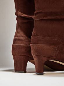 SHUZIA Women Casual Comfortable Point Toe Kitten Heel Faux Suede Knee-High Boots - Coffee Brown - View 7