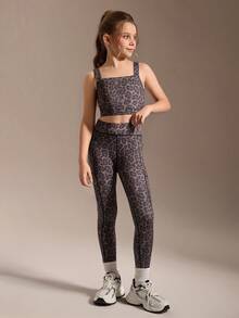 SHEIN Zestaw dla nastolatek: top i legginsy z nadrukiem w panterkę, bardzo elastyczny, dopasowany top z odkrytymi plecami w połączeniu z obcisłymi legginsami, wygodny i podkreślający figurę na fitness, jazdę na rowerze, jogging, odzież codzienną