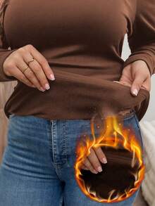 SHEIN LUNE 冬季加厚圆领修身长袖保暖T恤，休闲日常假日穿着 - 巧克力棕 - 查看 5