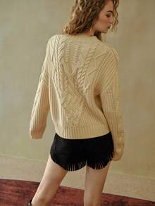 MOTF STUDIO 纹理麻花针织流苏边宽松波西米亚风保暖毛衣上衣，秋冬 - 卡其色 - 查看 3