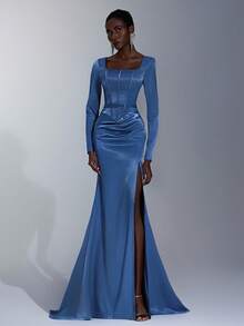 Elitara Elegant Navy Blue Glossy Satin Formal Dress,Minimalist 3D Floral Off Shoulder Mermaid Hem Side Draped High Slit Gown For Graduation,Wedding,Gala - Blue - View 7