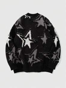 ROMWE MEN Street Life Spring Casual Graphic Men'S V-Neck Button Front Fashionable Five-Pointed Star Pattern Knit Cardigan Sweater, Winter - Black - View 2