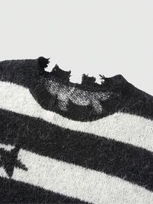ROMWE MEN Grunge Punk 男士休闲时尚街头黑白条纹星星图案破洞边缘宽松毛衣，秋冬 - 黑與白 - 查看 3