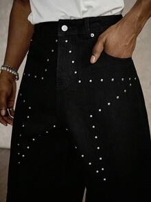 PAVTROS Men's Autumn Street-Style Washed Black Straight-Leg Jeans With Five-Star Rivets - Black - View 7