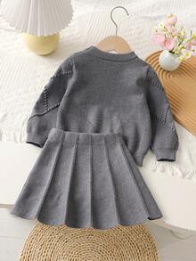 Souflis Souflis 6-9 Months Baby Girls Warm Outfit, Baby Girls Winter Warm Knitted 2 Pieces Set, Cute Bow Sweater And Pleated Skirt Set, Comfortable Soft And Skin-Friendly - Dark Grey - View 2