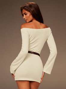 Athîral Women's Fashionable Solid Color Off Shoulder Long Sleeve Fitted Mini Dress - Apricot - View 2