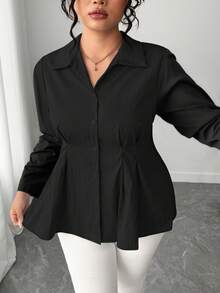 Elenzga 大码女式休闲束腰上衣 - 黑色 - 查看 4