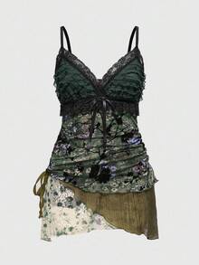 ROMWE Hippie Váy midi xếp lớp họa tiết hoa cổ điển viền bất đối xứng cỡ lớn dành cho nữ - Màu xanh lá cây đậm - Xem 1