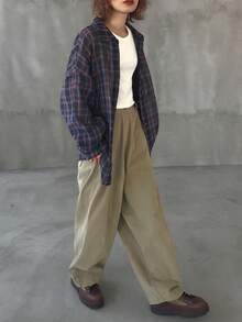 FRIFUL 女式宽松格子落肩长袖单排扣休闲衬衫 - 藏蓝色 - 查看 2