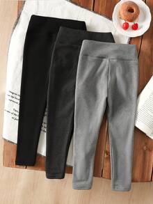 SHEIN LMoss Kids 3件套年轻女孩秋冬厚衬里打底裤，百搭休闲衬里裤紧身皮革打底裤，作为基本休闲多用途打底裤套装，三件套。温暖舒适，适合秋冬季，适合家居、户外运动、学校、日常休闲。 - 淺灰色 - 查看 2