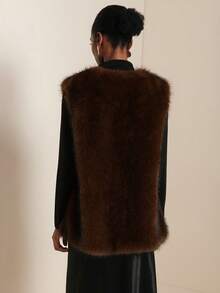 SHEIN Veneréa Nueva chaqueta sin mangas de piel sintética de frente abierto, elegante y casual para mujer, para otoño/invierno