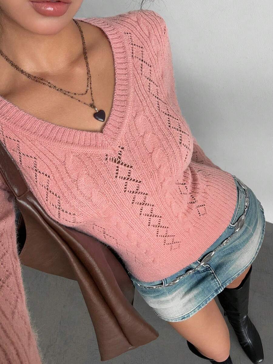 Jeanoix 女式纯色V领扭纹休闲百搭长袖针织上衣 - 藕粉色 - 查看 1