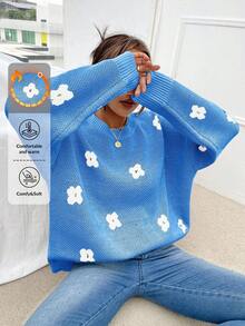 RueChic Floral Pattern Drop Shoulder Sweater - Blue - View 1