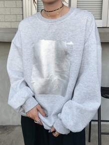 FRIFUL Women's Solid Color Round Neck Drop Shoulder Long Sleeve Silver Printed Loose Casual Fleece Sweatshirt, Autumn/Winter - White - View 2