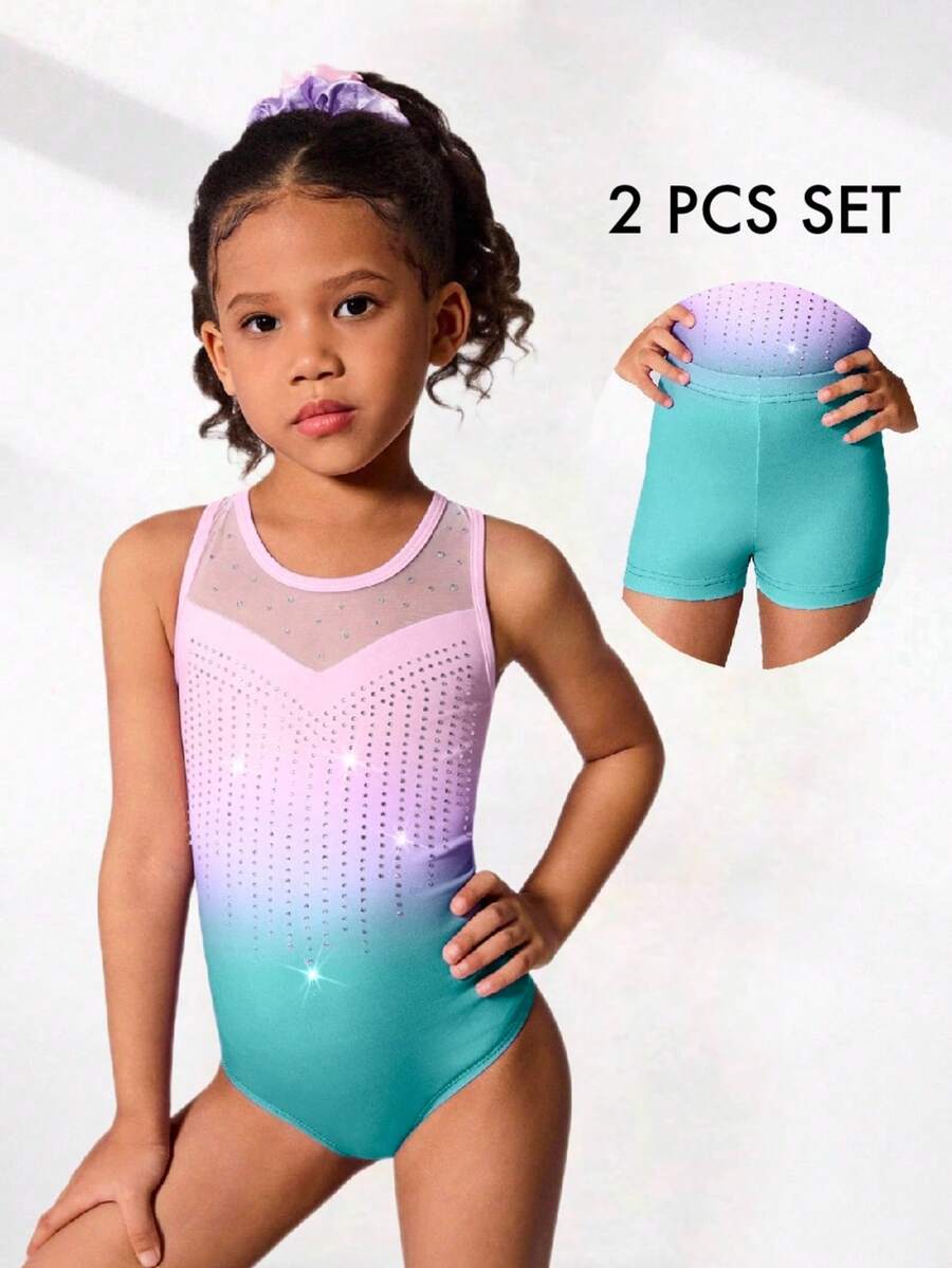 Set de 2 piezas de leotardo y shorts para gimnasia de niñas jóvenes, con diseño impreso lindo y decoración de rhinestones, adecuado para uso casual, deportivo y de competición - Multicolor - Ver 1