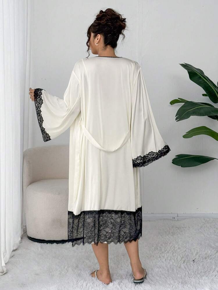 Dazy Plus 2pcs Elegant Contrast Lace Sleeveless Dress And Loose Open Front Robe Pajama Set, Plus Size Women Spring/Autumn Fall Winter Clothes