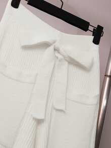 Franclia 两件套女士休闲纯色针织衫套装，包括翻领纽扣开衫和蝴蝶结口袋针织裤 - 白色 - 查看 4