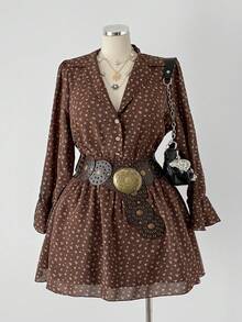 Sunspun Abito corto con maniche lunghe, colletto con rouches e vita arricciata, a fantasia floreale, taglie comode