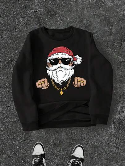 Sweat-shirt graphique Père Noël pour adolescent garçon, col rond ample à manches longues, confortable et décontracté. Convient pour la tenue d'hiver, la tenue de Noël, la tenue de fête