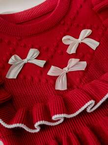 Souflis Souflis 小女孩粉色蝴蝶结针织毛衣裙，可爱荷叶边圆领长袖针织连衣裙 - 酒紅色 - 查看 3