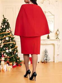 Fleurora Robe de soirée élégante à manches fendues pour femmes grandes tailles - Rouge - Voir 2