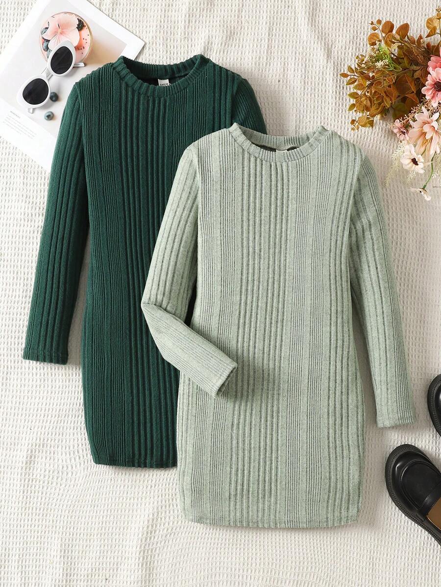 Set de 2 vestidos casuales de punto ajustados de unicolor para niñas preadolescentes - Verde - Ver 1