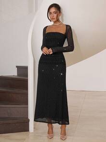 Modelyn Women's Elegant Square Neck Sheer Mesh Long Sleeve Cinched Waist Dress, Spring/Autumn - Black - View 7