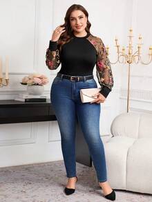 SHEIN Clasi Plus Size Floral Embroidery Sheer Long Sleeve T-Shirt - Black - View 11