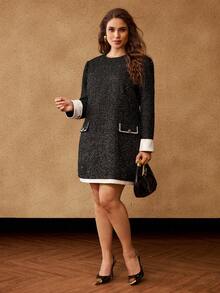 MOTF PREMIUM PLUS SIZE TWEED CONTRAST CUFF FITTED A-LINE DRESS - Black - View 5