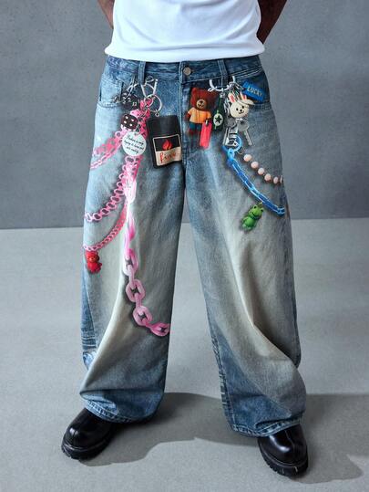 Street Life Jeans amples de style décontracté personnalisés pour hommes, avec lavage et imprimé chaîne, coupe large