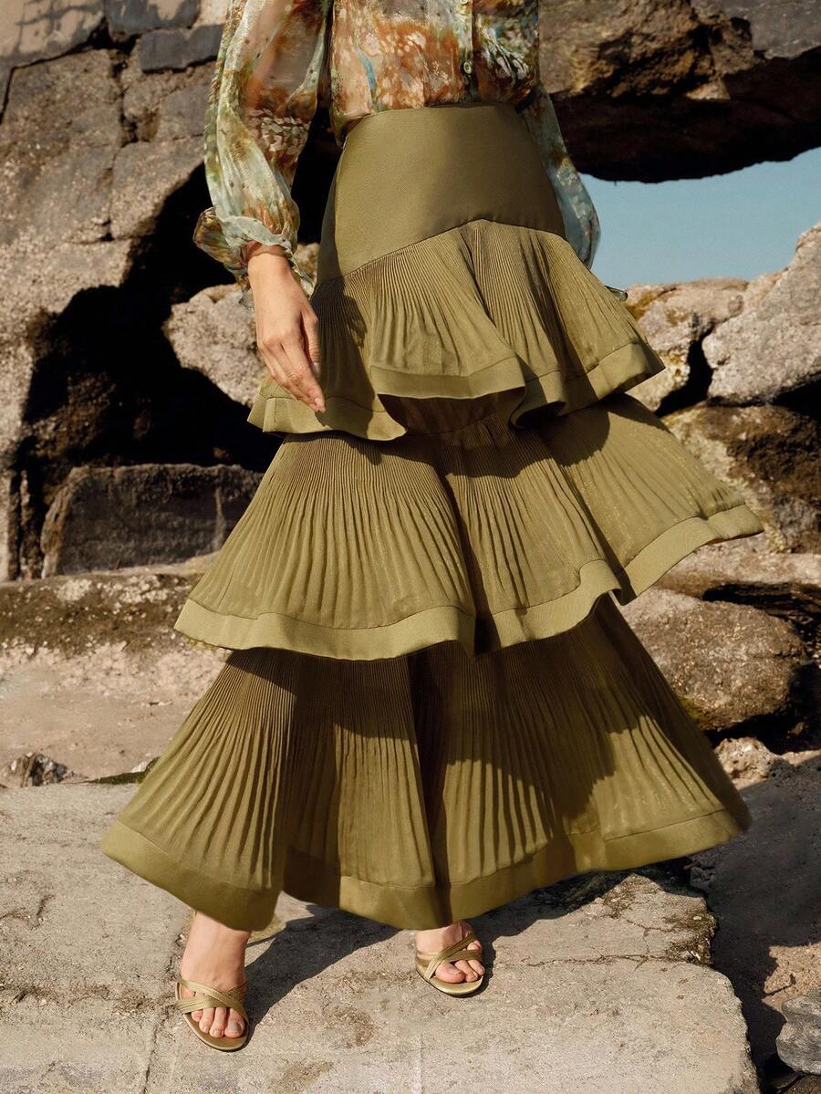 Anewsta Petite Anewsta Spring/Summer New Arrival Party & Vacation Multilayer Pleated Cake Hem Elegant Women Skirt - Army Green - View 1