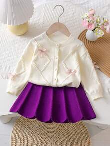 SHEIN 女婴针织开衫套装 - 紫色 - 查看 1