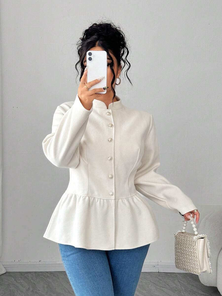 Elenzga A字金属纽扣领夹克，适合通勤和旅行 - 杏色 - 查看 1