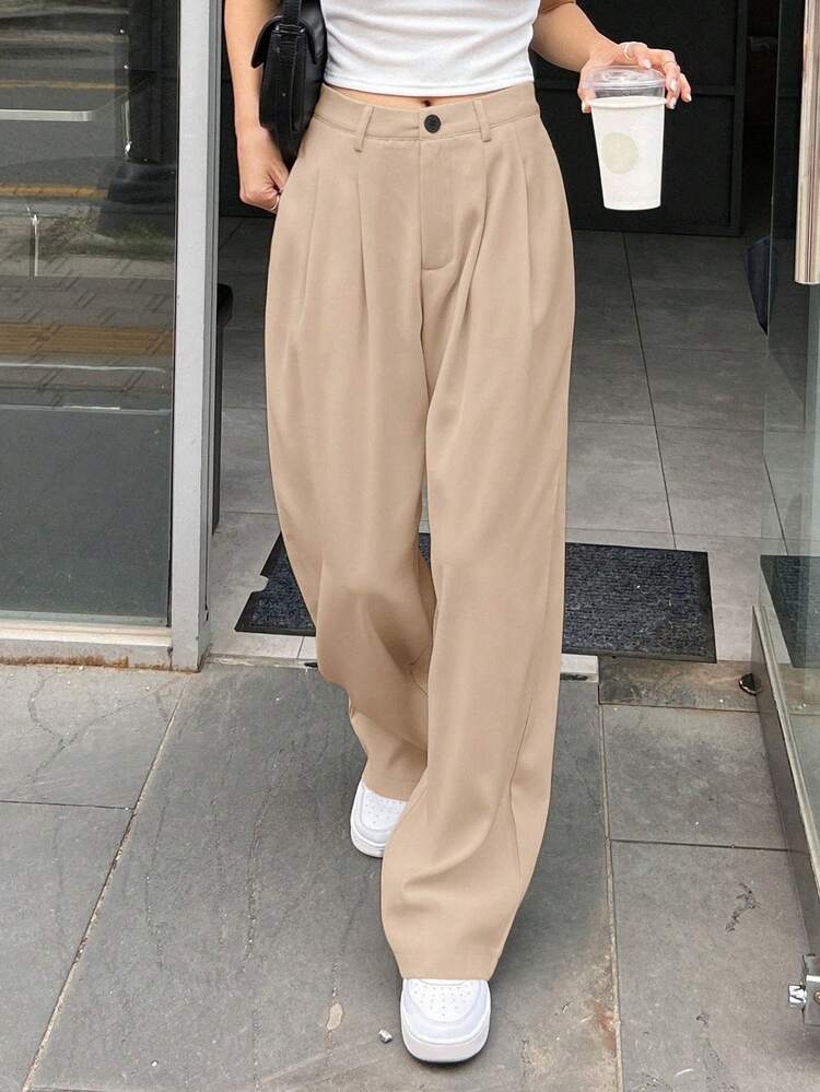 Women's Business Casual Solid Color Fold Pleated Wide Leg Loose Pants Fall
